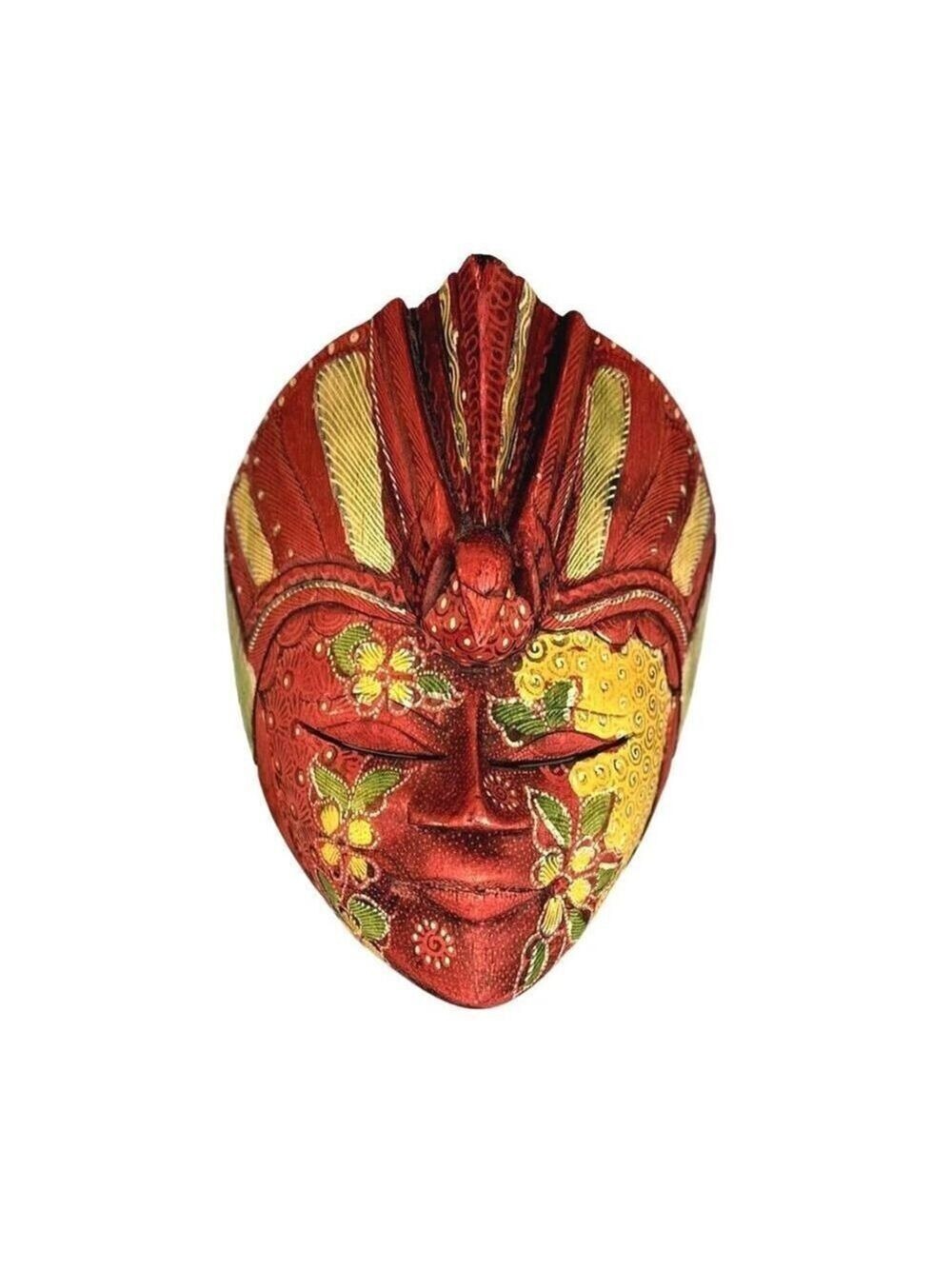 Vintage Indonesian Batik 9 in Carved Wood Mask Wall Hanging Hand Painted Decor